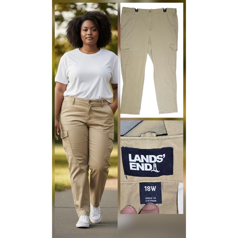 Lands End Khaki Cargo Pants  Stretch Utility Straight Leg Womens Size 18 42x28